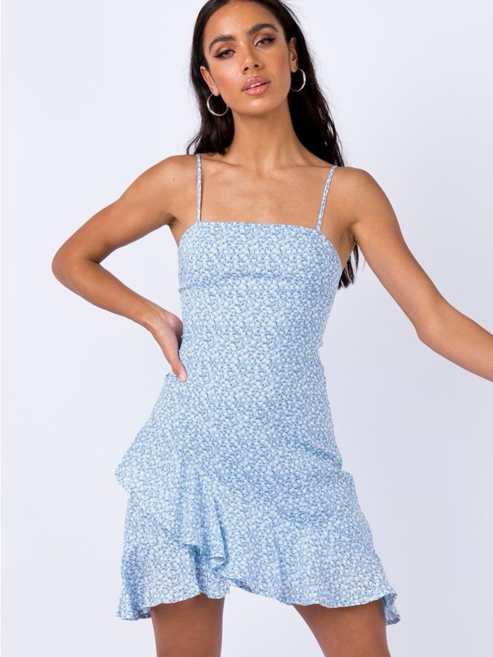 Princess Polly Light Blue Floral Spaghetti-Strap Mini Dress